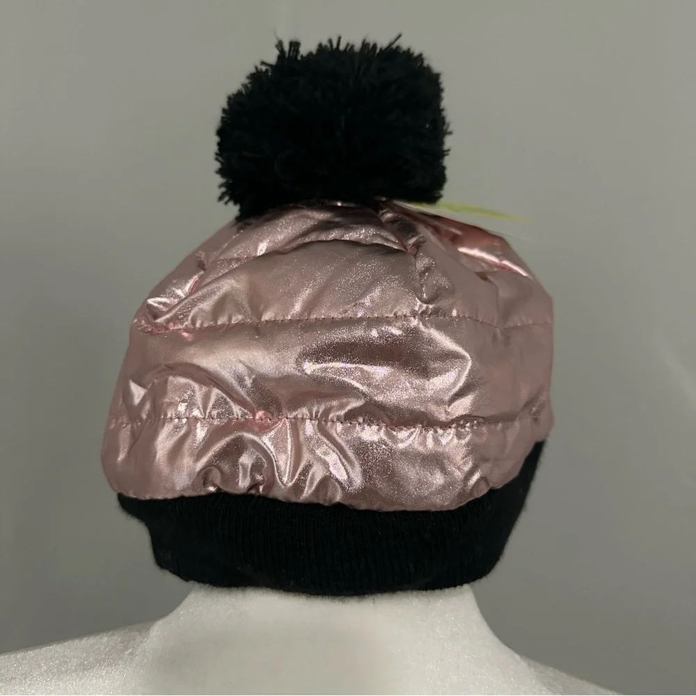 NEW! All in Motion Girl’s Pink and Black Pom-Pom Beanie, Metallic, Girlie, OSFM